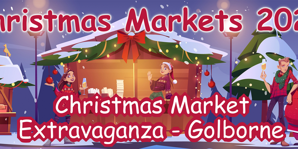 A vector image promoting our club’s stall for the Christmas market. The image shows Christmas stalls in the background. It has the club’s logo, the text Christmas markets 2024 and the text Christmas Market Extravaganza Golborne on it.