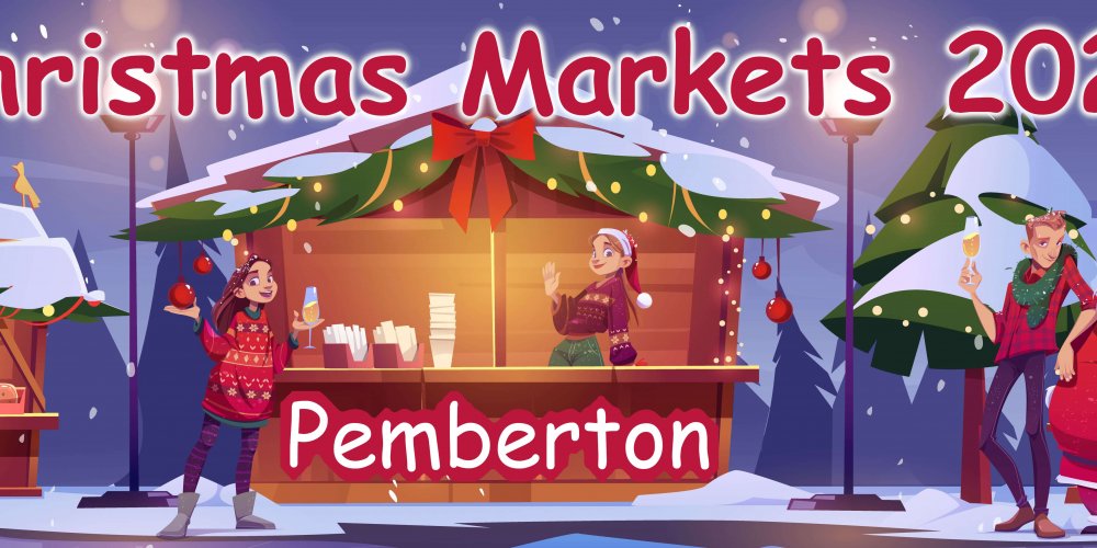 A vector image promoting our club’s stall for the Christmas market. The image shows Christmas stalls in the background. It has the club’s logo, the text Christmas markets 2024 and the text Pemberton on it