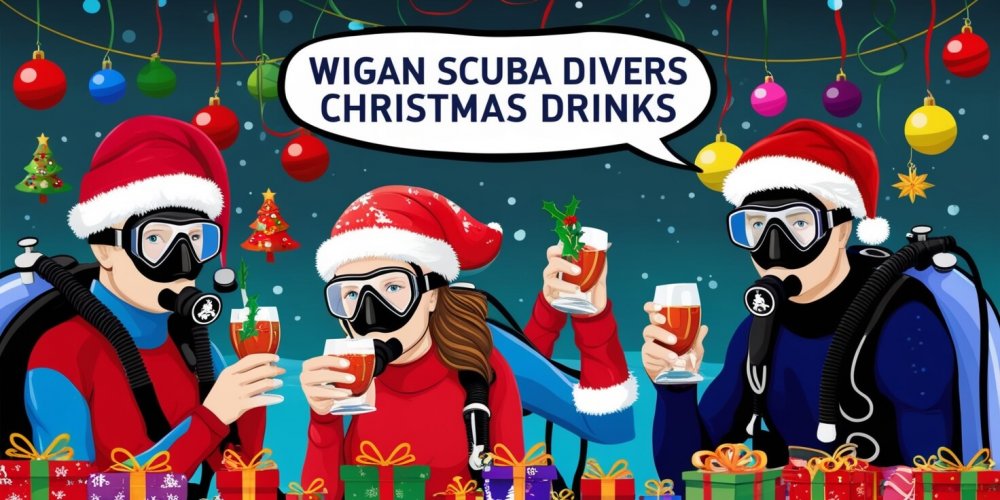 A vector image of an underwater scene featuring male and female scuba divers having drinks in festive outfits. The background is full of colourful Christmas decorations. Above the divers is a text bubble, showing the words "Wigan Scuba Divers Christmas drinks