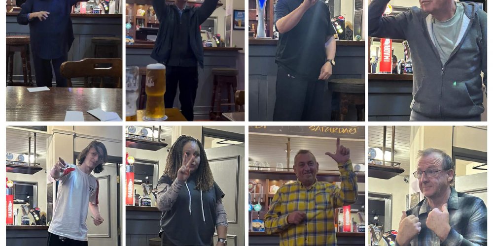 A collage of pictures featuring our comical club members acting out scuba-related words during our Scuba Charades game night