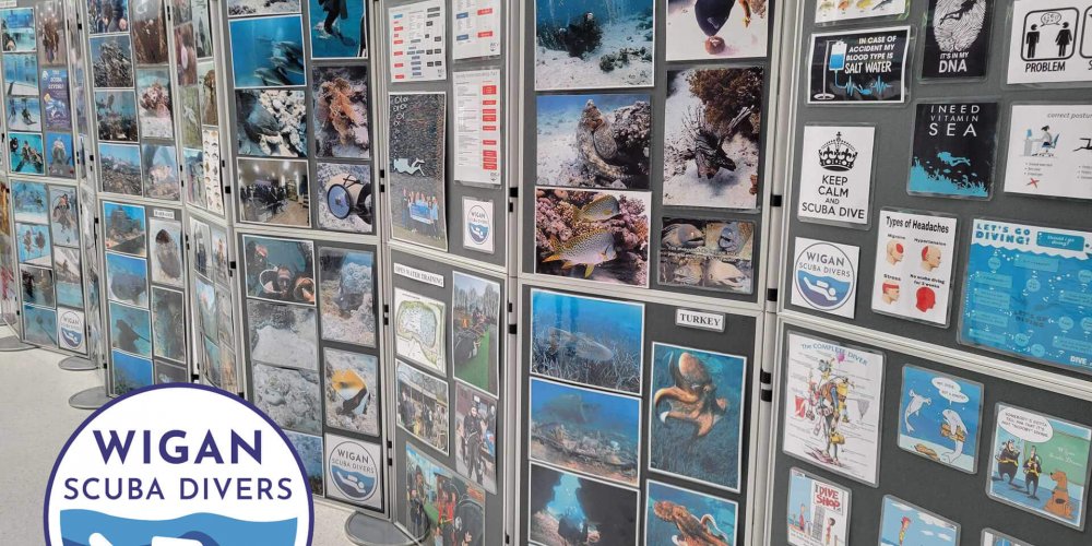 "A picture of our photographic exhibition, featuring stunning underwater photographs displayed on boards during our two-week showcase at the Grand Arcade in Wigan.